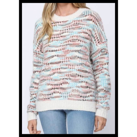 5⭐Fuzzy white boho multi print oversized chunky knit pullover crew neck sweater - Picture 2 of 11